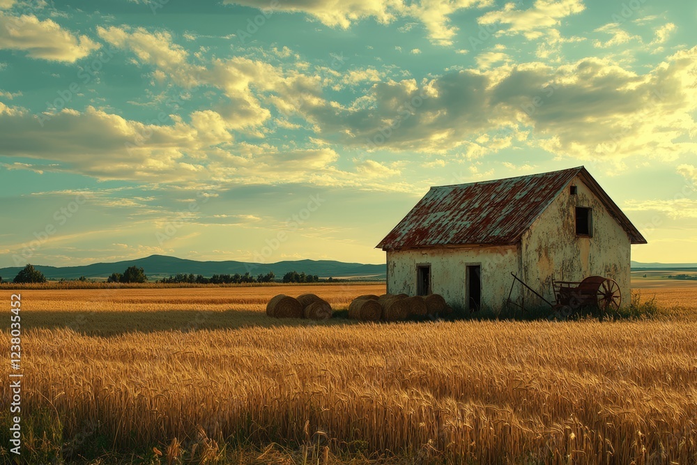 Fototapeta premium Rustic farmhouse amidst golden wheat fields under a vast sky