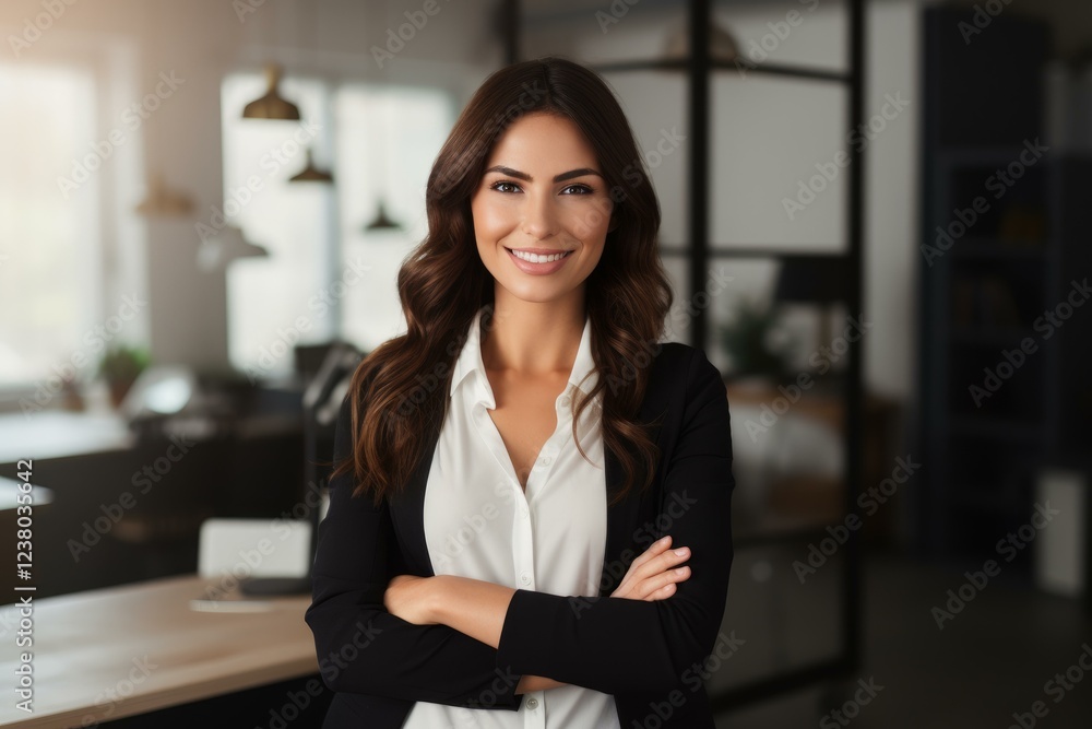 Portrait of a confident businesswoman smiling with folded arms in a modern office, showcasing leadership and professionalism Portrait of a confident businesswoman smiling with folded arms in a modern office, showcasing leadership and professionalism