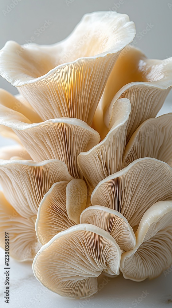 Close-up of fresh oyster mushrooms with delicate texture and fins Close-up of fresh oyster mushrooms with delicate texture and fins