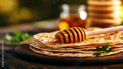 Ethiopian Chechebsa toasted flatbread, brushed with spiced butter and served with honey in a warm breakfast scene, African hearty meals, cultural authenticity photo