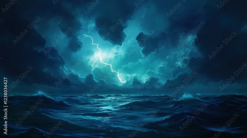 a lightning striking in the distance over an ocean, with dark clouds overhead creating dramatic lighting and shadows on the water's surface. a lightning striking in the distance over an ocean, with dark clouds overhead creating dramatic lighting and shadows on the water's surface.