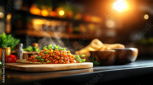 Ethiopian Doro Alicha mild chicken stew, served with injera and colorful side dishes in a traditional family kitchen, African hearty meals, cultural authenticity photo