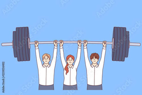 Teamwork of group of business people lifting heavy barbell together to achieve corporate goal. Teamwork of office clerks demonstrating synergy due to well-executed team building in company