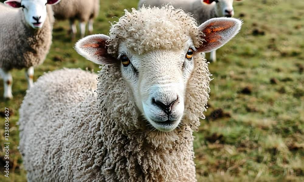 Close-up of a curious sheep in a lush green pasture with other sheep grazing in the background Close-up of a curious sheep in a lush green pasture with other sheep grazing in the background