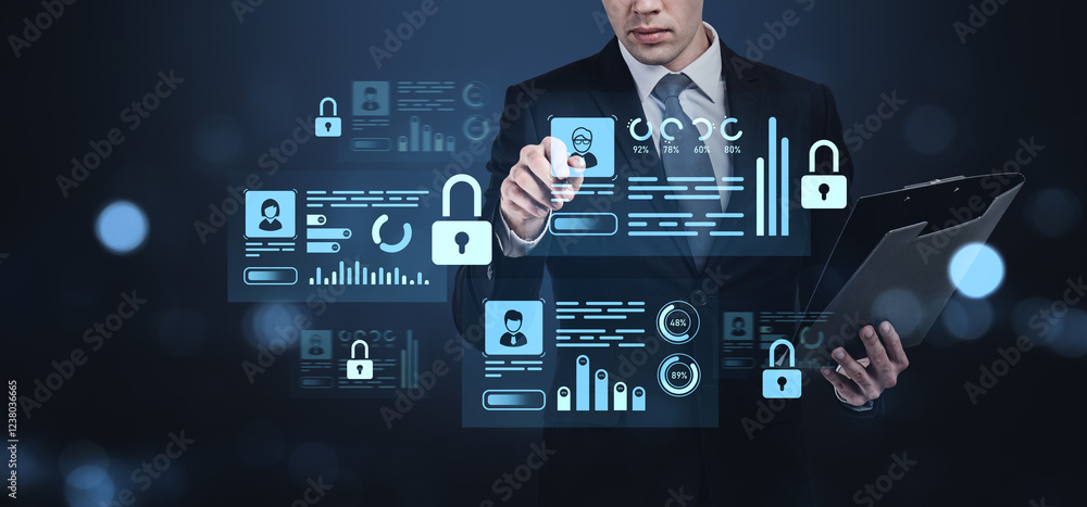 Obraz premium Businessman interacting with digital security interface on a dar