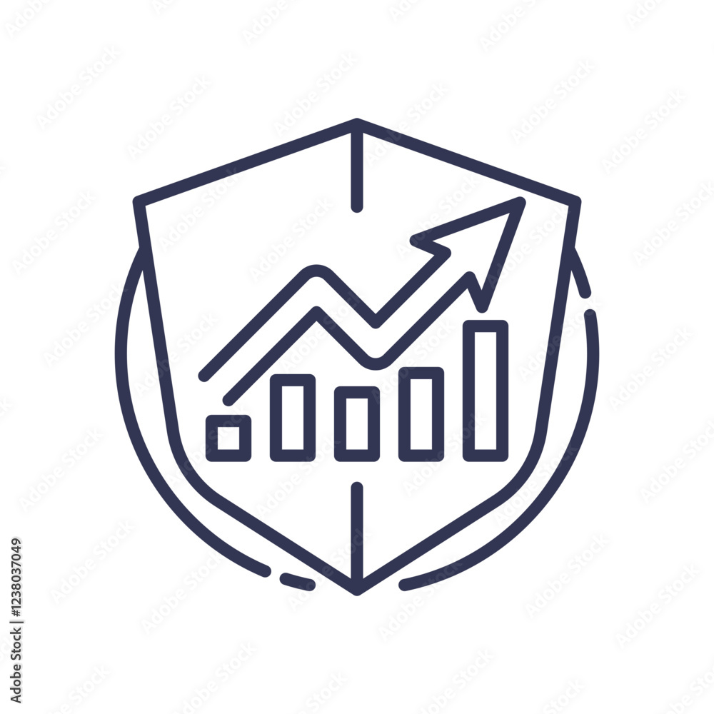 Shield with upward graph symbolizes secure investment growth. Shield with upward graph symbolizes secure investment growth.