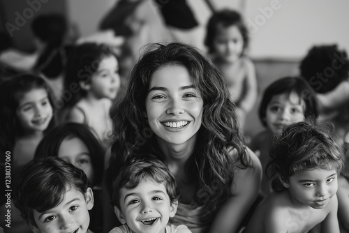 A woman is smiling at a group of children