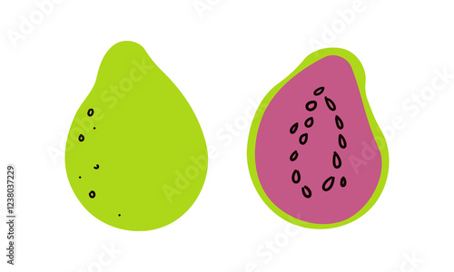 Guava whole fruit and half sliced isolated on white background. Ripe guava cartoon icon for package design. Vector illustration of tropical fruits in flat style.