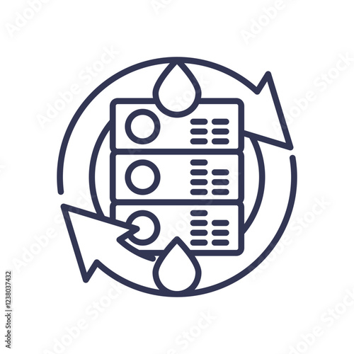 Server racks with water droplets and arrows symbolize liquid cooling in data centers.