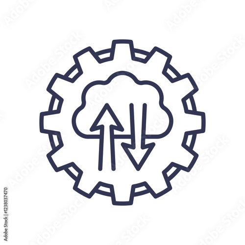 Gear and cloud with arrows symbolize cloud-based mechanics and virtualization.