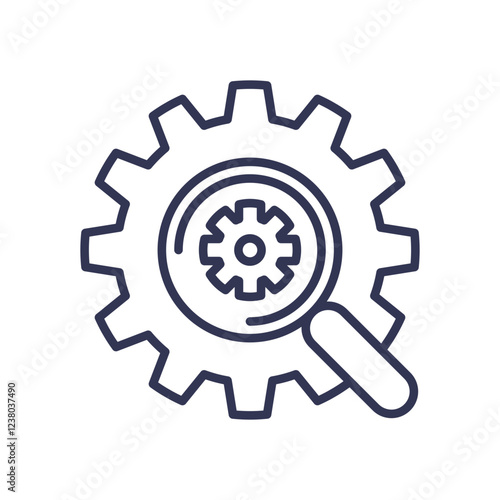 Magnifying glass over gears symbolizes monitoring and optimization in observability and performance.