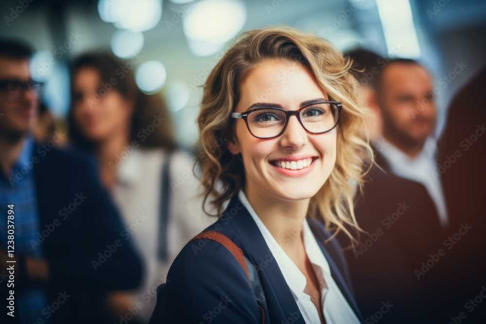 Fototapeta premium Portrait of a smiling businesswoman wearing eyeglasses, with her colleagues standing behind her in a blurred background