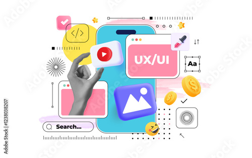 Contemporary art collage. Modern collage concept of web design and development. Creative concept for web banner, social media banner, business presentation, marketing material. Vector illustration