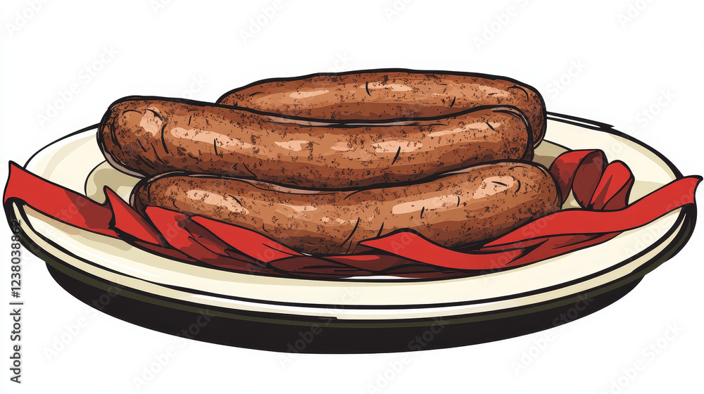 Beef sausage isolated sign with fresh frankfurter on plate, framed by red ribbon banner and header. Meat shop, butchery or livestock farm design Beef sausage isolated sign with fresh frankfurter on plate, framed by red ribbon banner and header. Meat shop, butchery or livestock farm design