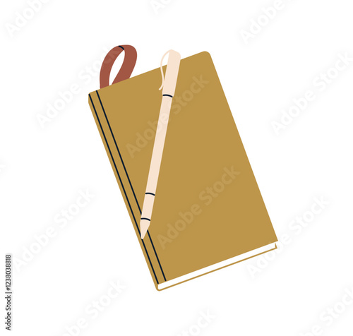 Notepad with pen. Business planner, journal for taking records, writing, planning. Organizer, office stationery. Closed notebook, note pad. Flat vector illustration isolated on white background