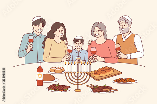 Jewish family at festive table with minor, drinks red wine and eats traditional food. Jewish religious holiday is celebrated by israeli residents of different generations and ages.