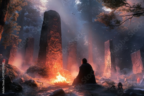 Mystical forest ritual with ancient stone monoliths and enchanting fire at dusk