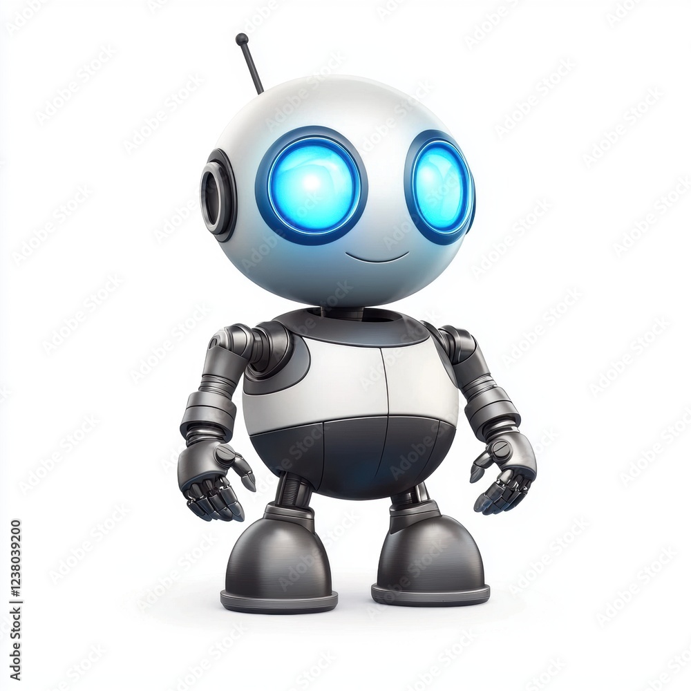 friendly robot with a round body and blue glowing eyes, isolated on a clean white background friendly robot with a round body and blue glowing eyes, isolated on a clean white background