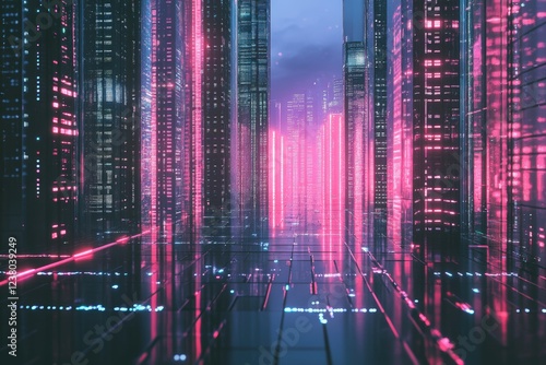 Futuristic neon cityscape with reflective surfaces and towering skyscrapers photo