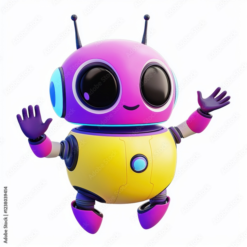Fototapeta premium friendly robot with antennae, colorful details, and a waving gesture, placed on a bright white background