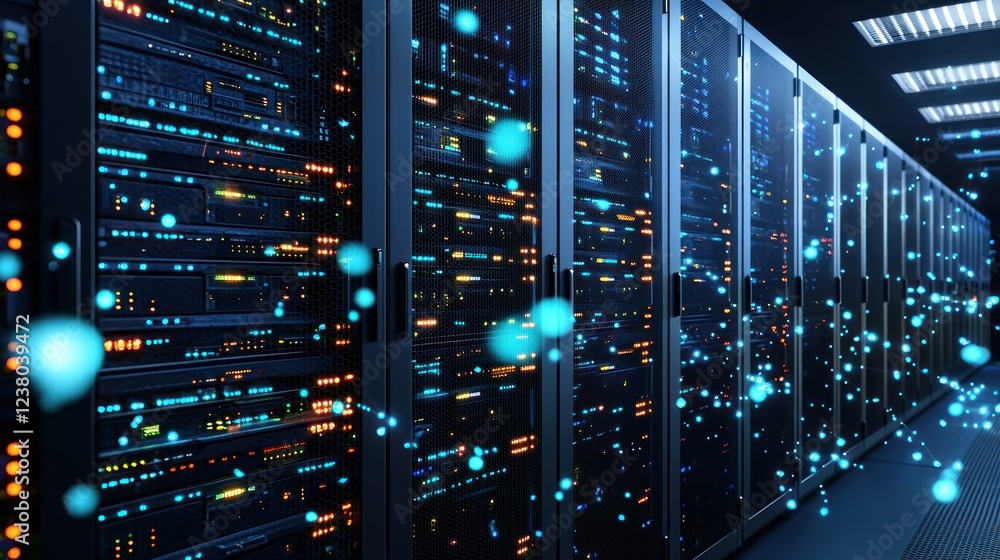 Data Center Server Room with Glowing Blue Particles Data Center Server Room with Glowing Blue Particles