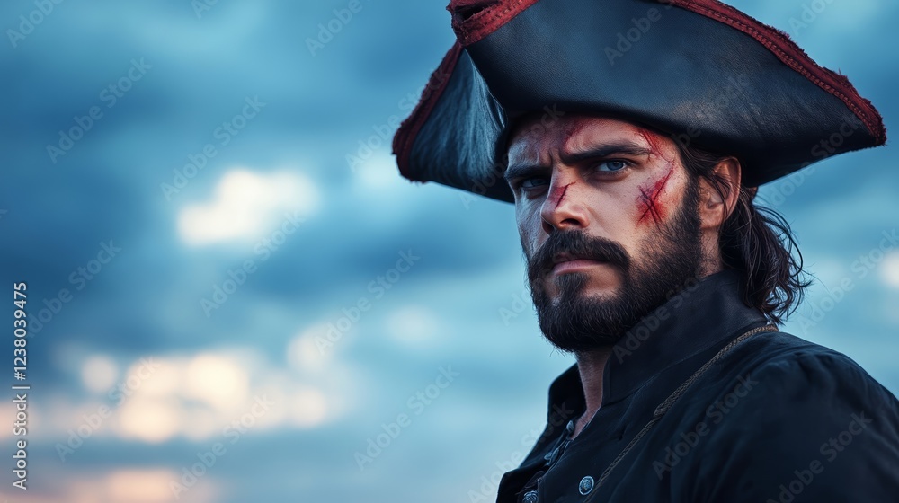 Fierce buccaneer captain standing on a ships deck with a torn tricorn hat billowing coat and a glowing lantern under a stormy sky Fierce buccaneer captain standing on a ships deck with a torn tricorn hat billowing coat and a glowing lantern under a stormy sky