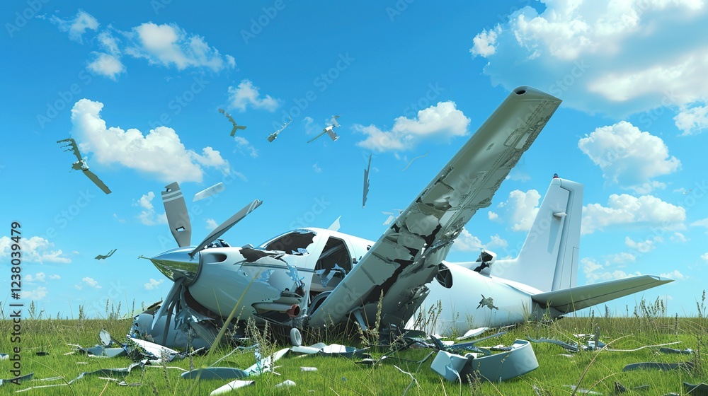 Naklejka premium Crashed drone lying in grassy field with broken propellers and scattered debris under clear blue sky. Drone accident aftermath, technology failure, and aerial device damage concept.