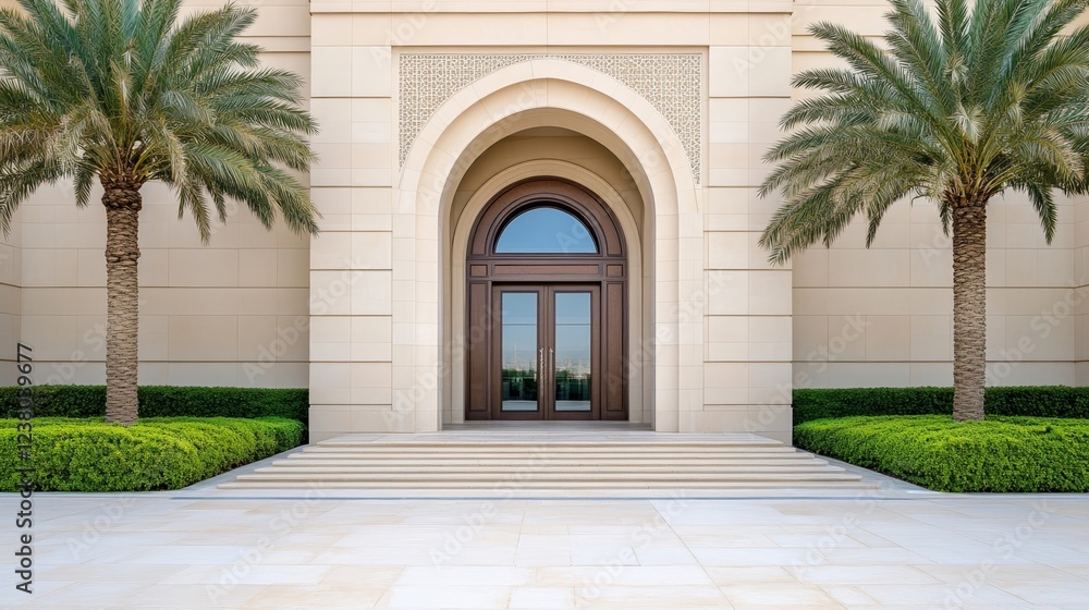 Fototapeta premium Luxury Arabian hotel entrance with intricate mosaics tall palm trees and arched doors combining modern elegance and cultural heritage 