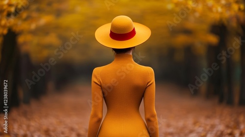 Knit drop waist dress in earthy brown tones styled with a wide brim hat photographed in a forest with golden autumn leaves  photo