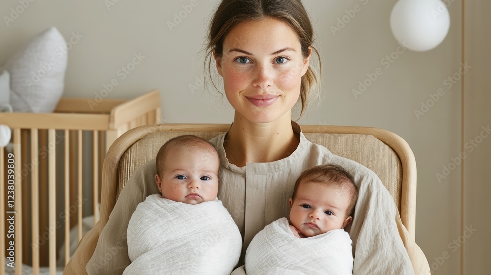 Mom seated on a rocking chair with newborn twins swaddled in pastel blankets set against a cozy nursery with wooden furniture and soft hues 