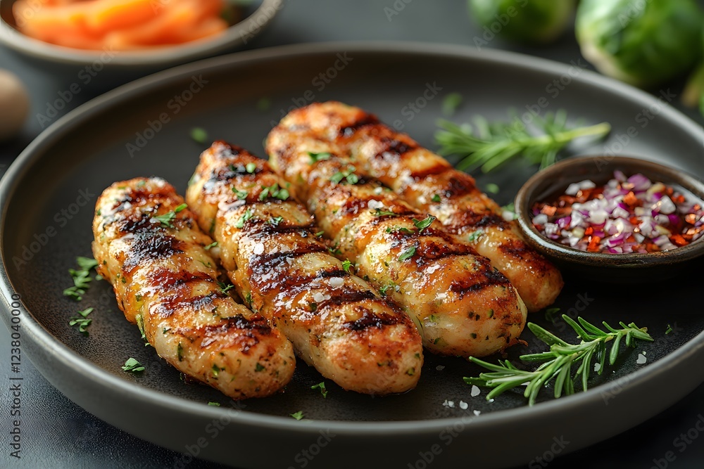 Grilled Chicken Sausages with Herb Garnish on Rustic Plate - Culinary Presentation for Food Photography Grilled Chicken Sausages with Herb Garnish on Rustic Plate - Culinary Presentation for Food Photography