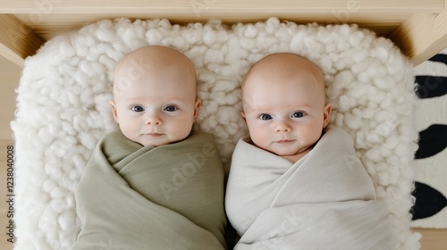 Newborn twins lying side by side on a fluffy cloud like rug wrapped in complementary pastel swaddles representing harmony and new beginnings  photo