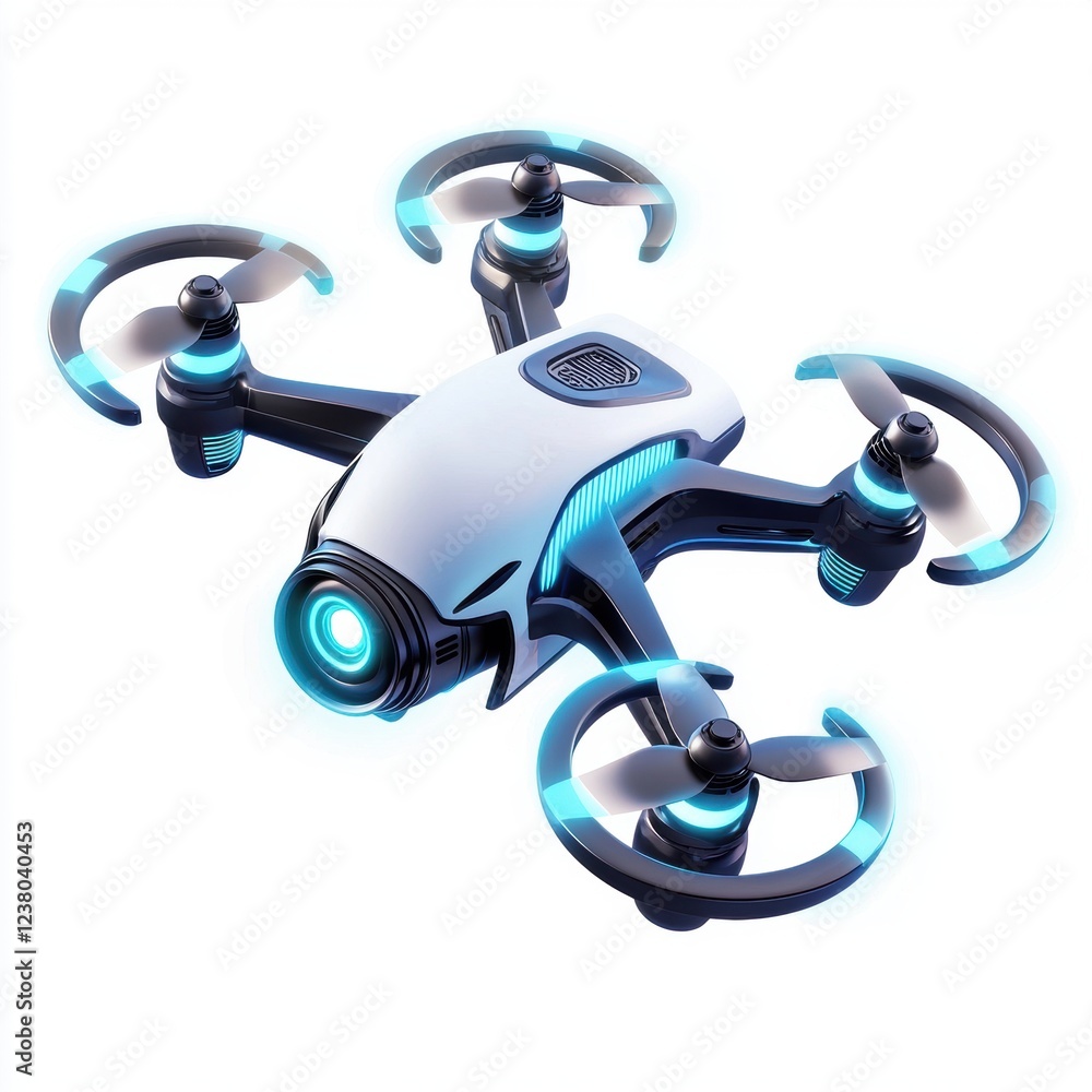 futuristic drone with glowing propellers and a high-tech camera lens, hovering mid-air, centered on a clean white background futuristic drone with glowing propellers and a high-tech camera lens, hovering mid-air, centered on a clean white background