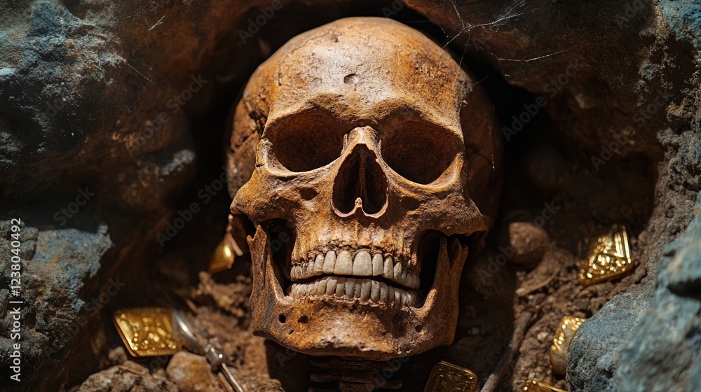 Skeleton of a long lost buccaneer captain slumped against a cave wall surrounded by cobwebbed treasure and rusted weapons Skeleton of a long lost buccaneer captain slumped against a cave wall surrounded by cobwebbed treasure and rusted weapons