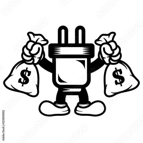 Electrical Plug | Plug Mascot | Money Bag | Electric Plug Bandit | Socket | Dollar Sign | Plug w/Money Bag | Original Illustration | Vector and Clipart | Cutfile and Stencil