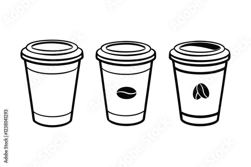 Three different styles of disposable coffee mugs line art illustration.eps