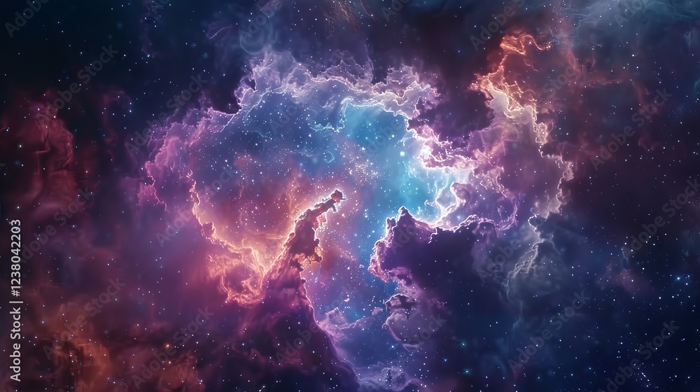 Obraz premium Captivating cosmic panorama showcasing swirling galaxies, vibrant nebulae, and shimmering stars in the vast, mysterious expanse of deep space