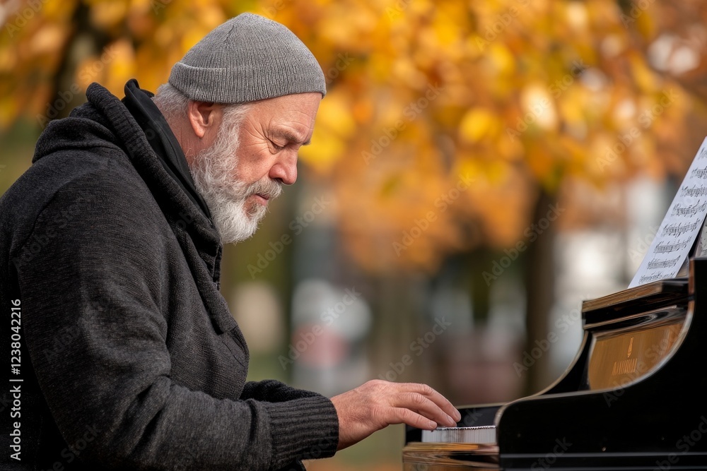 Middle age man in a wheelchair plays the piano in autumn park, enjoying the melody, eyes closed. Disabled person without the ability to move independently. Concept: inclusivity, hobby, musician Middle age man in a wheelchair plays the piano in autumn park, enjoying the melody, eyes closed. Disabled person without the ability to move independently. Concept: inclusivity, hobby, musician