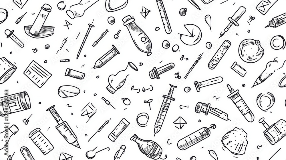 Hand-drawn science and education vector pattern with laboratory equipment, chemistry glassware, physics formulas, and medical symbols in line art sketch style – abstract scientific background for stem Hand-drawn science and education vector pattern with laboratory equipment, chemistry glassware, physics formulas, and medical symbols in line art sketch style – abstract scientific background for stem