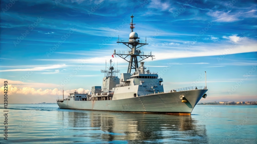 Navy destroyer or frigate with superstructure and masts on the water, watercraft designs, naval vessels at sea, destroyer models, frigate ships Navy destroyer or frigate with superstructure and masts on the water, watercraft designs, naval vessels at sea, destroyer models, frigate ships