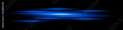 Abstract light streaks background. Glowing blue horizontal lines with motion blur effect on a dark backdrop. Futuristic speed, energy flow, laser beams, and technology concept.
