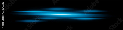 Abstract light streaks background. Glowing blue horizontal lines with motion blur effect on a dark backdrop. Futuristic speed, energy flow, laser beams, and technology concept.