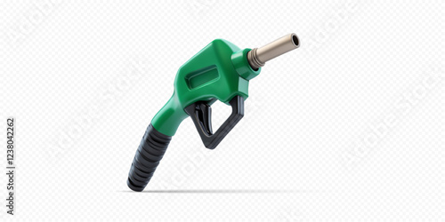 A green fuel nozzle is resting on a gas station pump, ready for refueling vehicles during the day. The clear design indicates a focus on clean energy options.