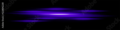 Abstract light streaks background. Glowing purple horizontal lines with motion blur effect on a dark backdrop. Futuristic speed, energy flow, laser beams, and technology concept.