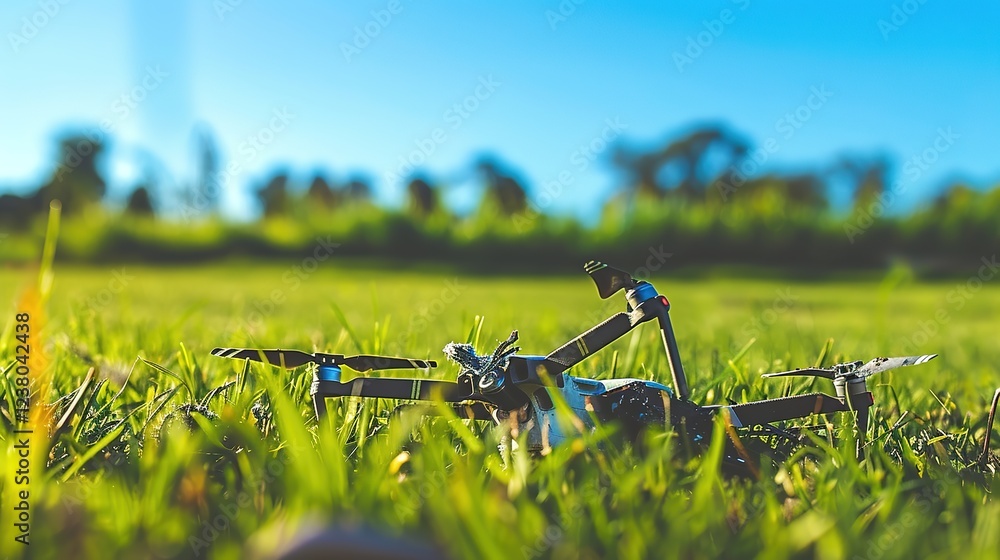 Crashed drone lying in grassy field with broken propellers and scattered debris under clear blue sky. Drone accident aftermath, technology failure, and aerial device damage concept. Crashed drone lying in grassy field with broken propellers and scattered debris under clear blue sky. Drone accident aftermath, technology failure, and aerial device damage concept.