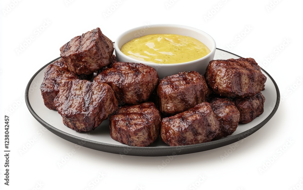 Garlic butter steak bites served with dipping sauce Garlic butter steak bites served with dipping sauce