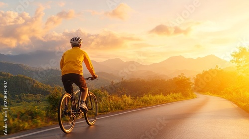 Photo from the back of Man in sports clothing riding bicycle on empty road at dawn enjoying the moment. A feeling of lightness and freedom. Concept: healthy lifestyle, hobby