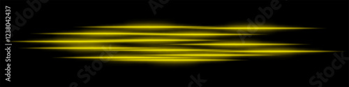 Abstract yellow light streaks background. Glowing horizontal lines with motion blur effect on a dark backdrop. Futuristic speed, energy flow, laser beams, and technology concept.