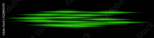 Abstract green light streaks background. Glowing horizontal lines with motion blur effect on a dark backdrop. Futuristic speed, energy flow, laser beams, and technology concept.