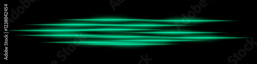 Abstract green light streaks background. Glowing horizontal lines with motion blur effect on a dark backdrop. Futuristic speed, energy flow, laser beams, and technology concept.